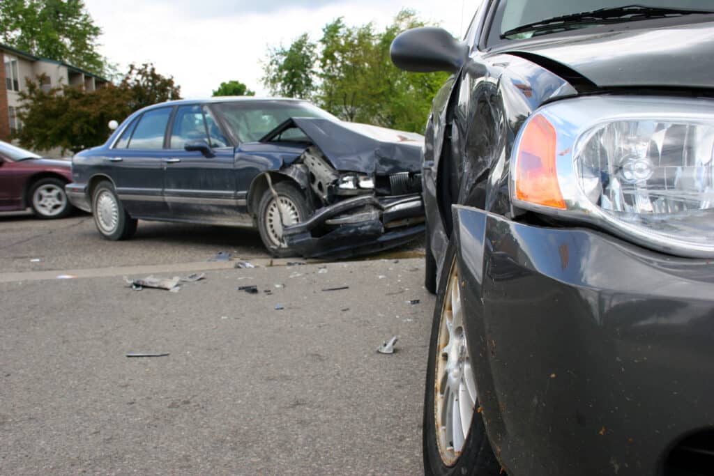 A severely damaged car in a car accident